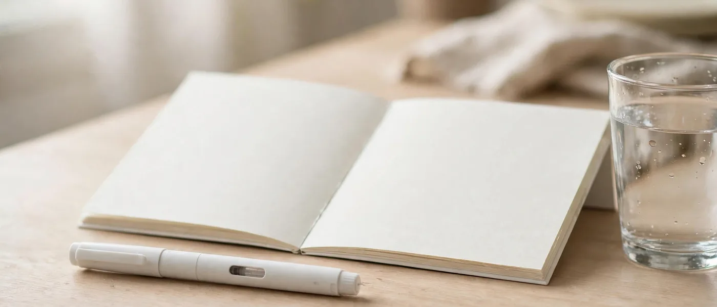 Plain unbranded white injector pen, blank open notebook and a glass of water on a light table