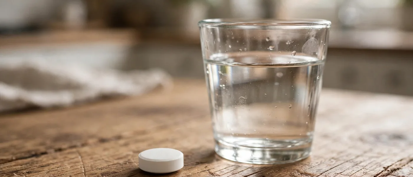 A plain white tablet and a small glass of water on a wooden morning table