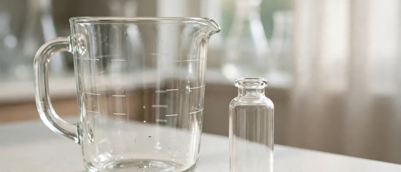 Clear glass measuring jug and a small plain unbranded glass vial with no label on a clean counter