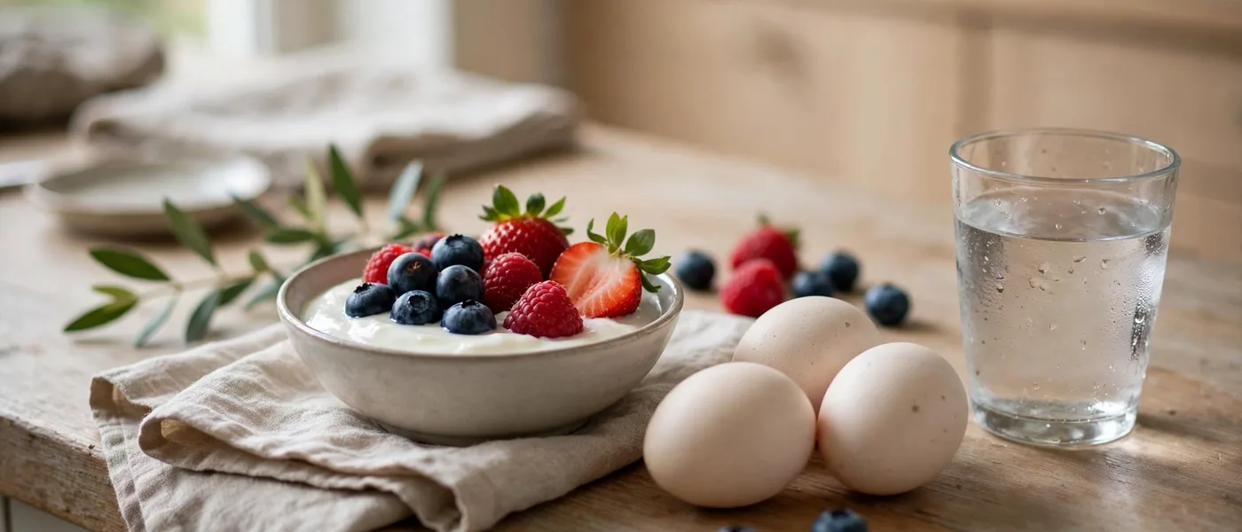 Kitchen counter with a bowl of yogurt, berries and eggs in natural light