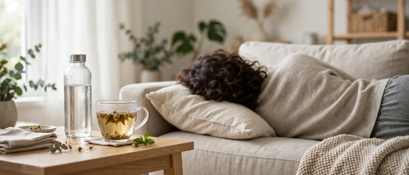 Person resting on a sofa with herbal tea and water on the side table