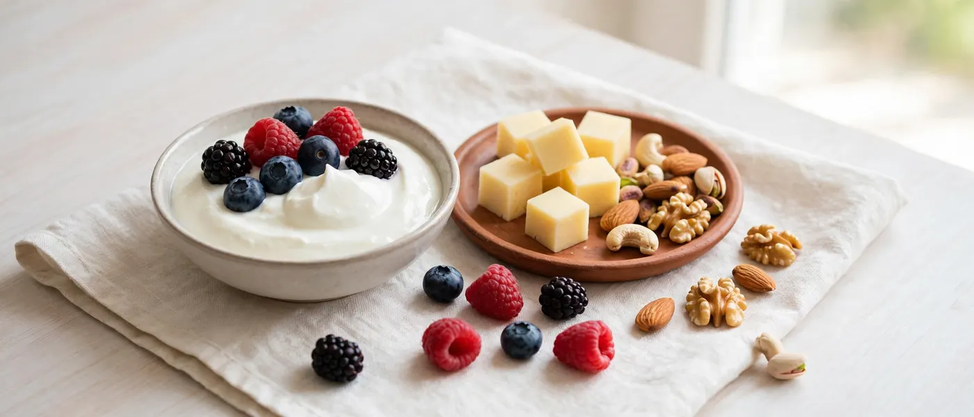 Small snack plate with Greek yogurt, berries, nuts and cheese