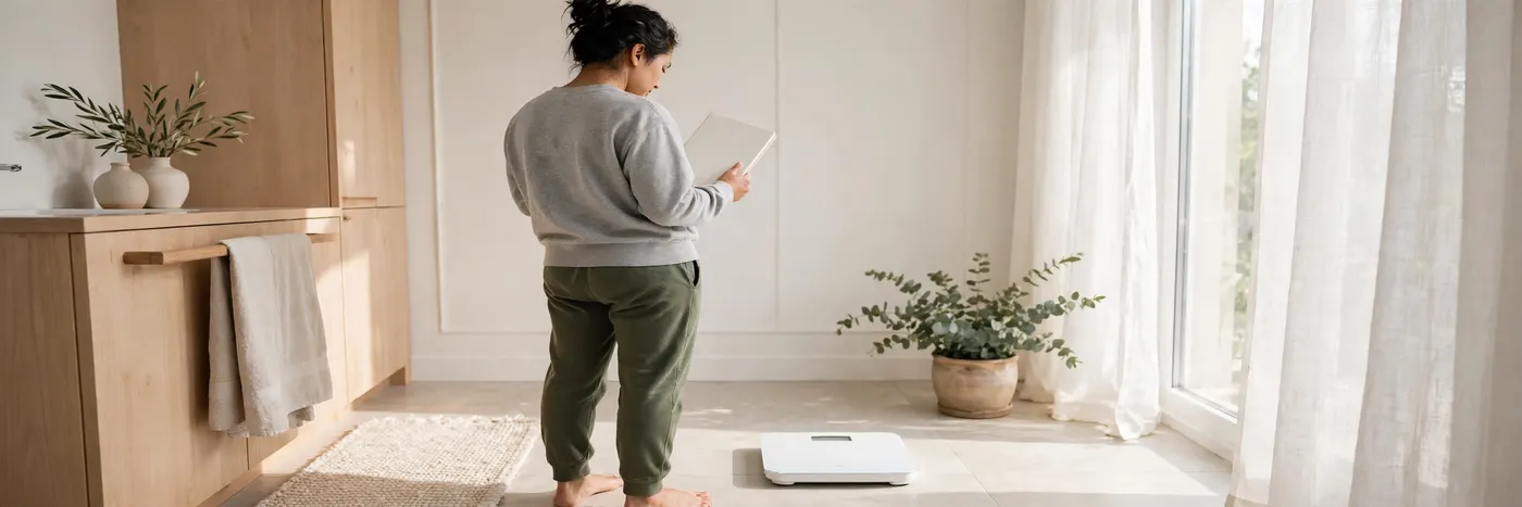 Person standing by a bathroom scale at home holding a notebook