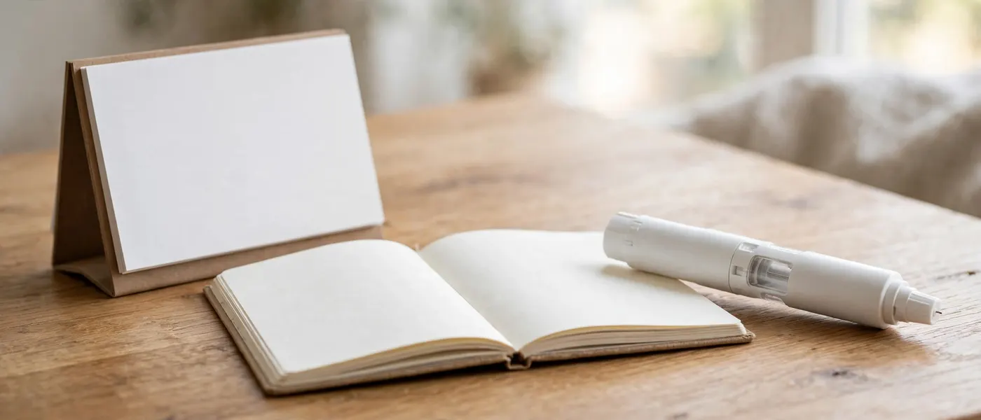 Calendar and a notebook on a table with a pen set aside