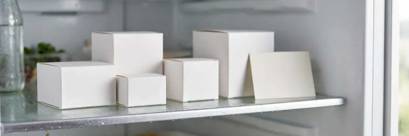 Plain medicine boxes on a refrigerator shelf with a small calendar