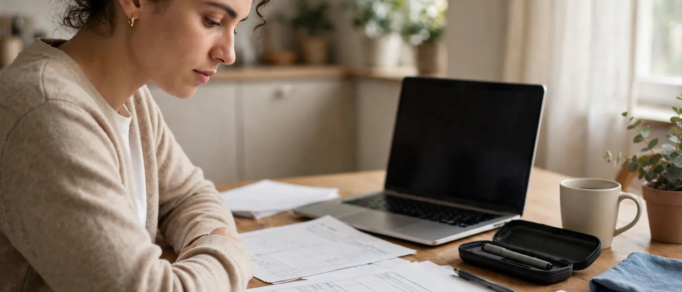 Person reviewing papers and a laptop at a table at home