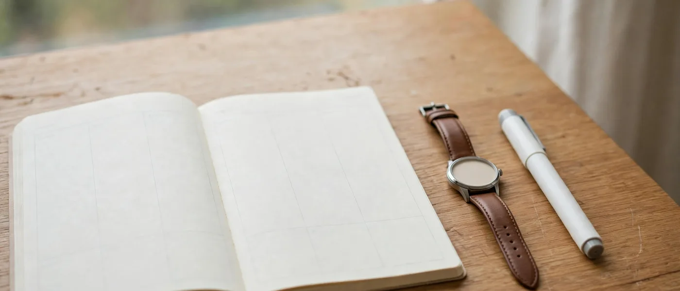 Blank weekly planner notebook, wristwatch and plain unbranded white pen on a wooden desk by a window
