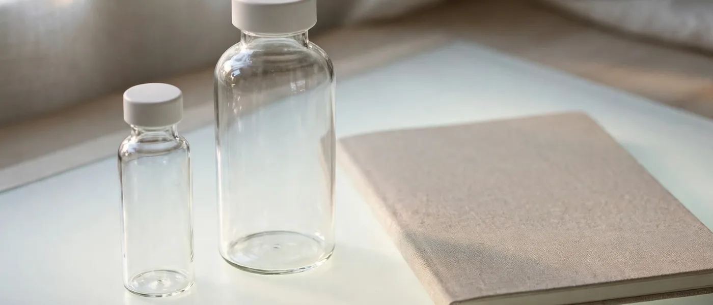 Two plain unbranded clear glass vials of different sizes with blank caps beside a closed notebook