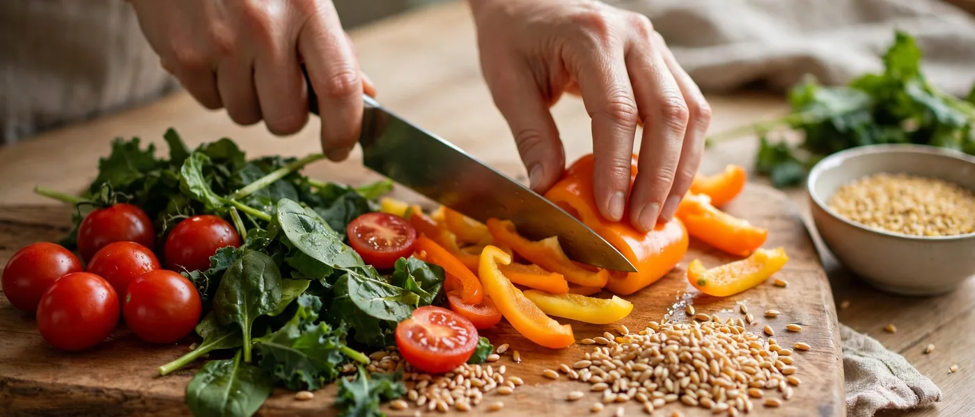 Fresh vegetables and grains being prepared on a kitchen board