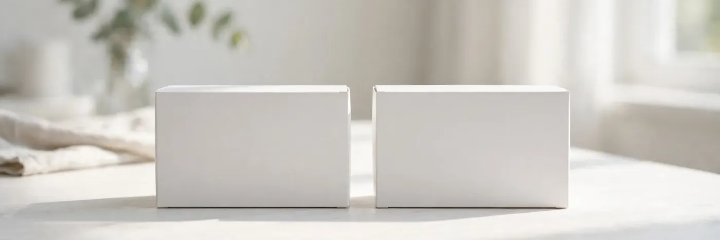Two plain unbranded medicine boxes side by side on a table