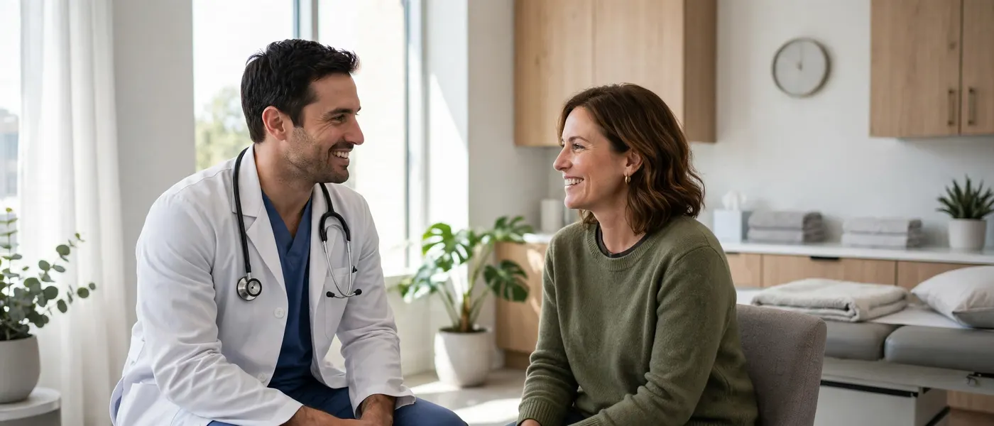Doctor talking with a patient in a bright clinic room