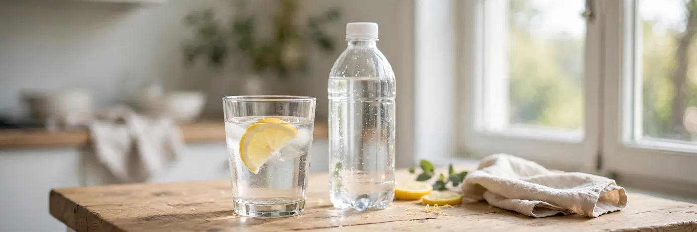 Glass of water with lemon and a water bottle on a kitchen table