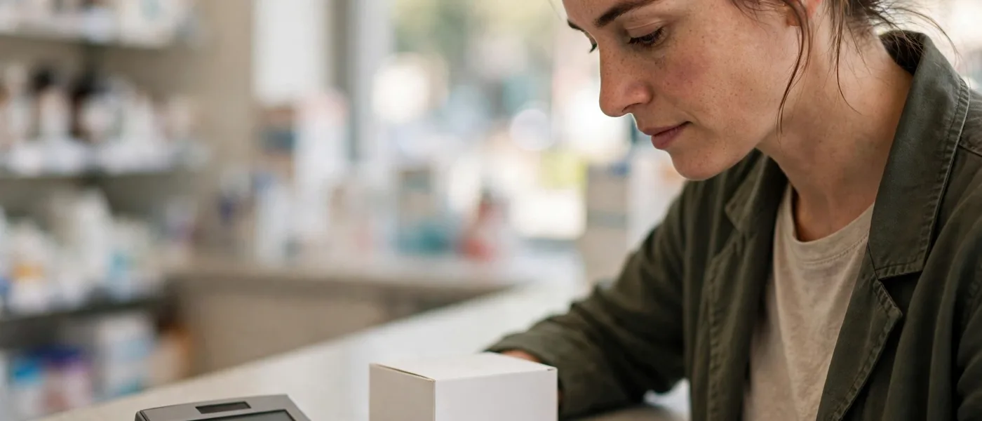 Person at a pharmacy counter with a plain calculator and an unbranded medicine box, no readable text