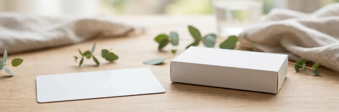 Savings card and medicine box on a table, no readable text