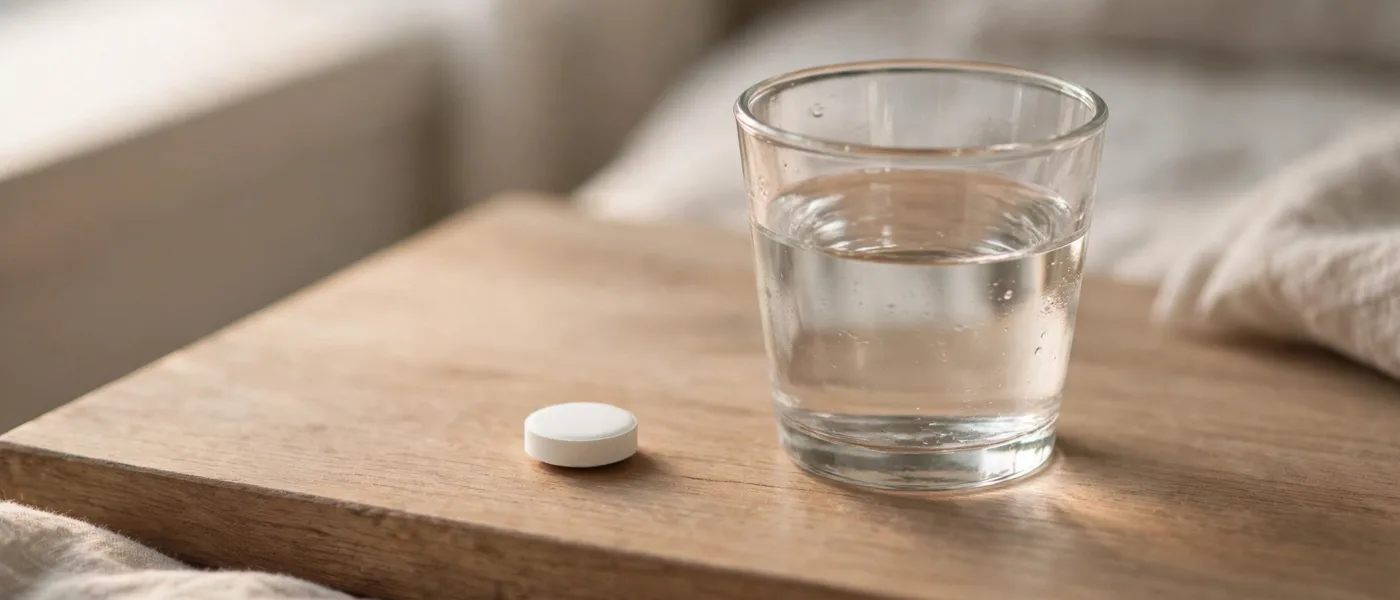 Single plain white tablet beside a small glass of water on a bedside table in morning light
