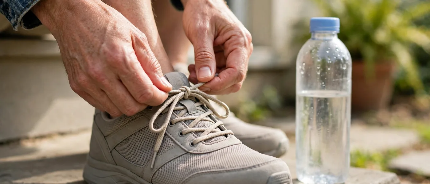 Person tying walking shoes on a front step in daylight