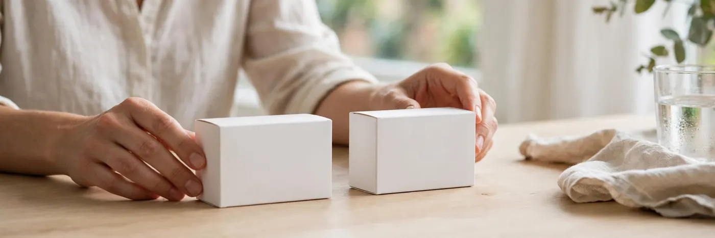 Person looking at two plain medicine boxes on a table