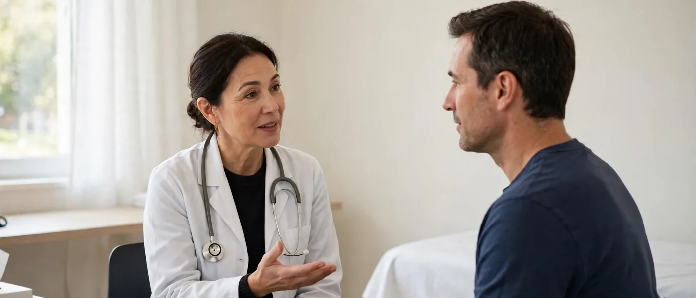 Doctor explaining treatment options to a patient in a bright clinic room