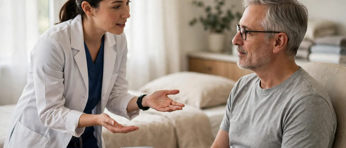 Clinician explaining sleep care to a seated patient in a bright room
