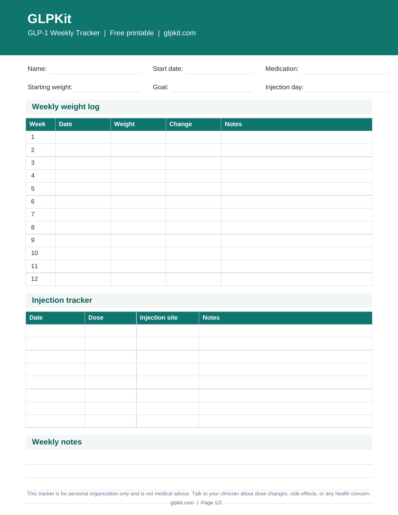 Preview of the GLPKit GLP-1 weekly tracker printable, showing the weekly weight log table